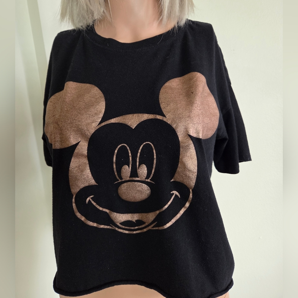 Disney Minnie Mouse Girls Black & Gold Graphic T-Shirt Short Sleeve Size Medium